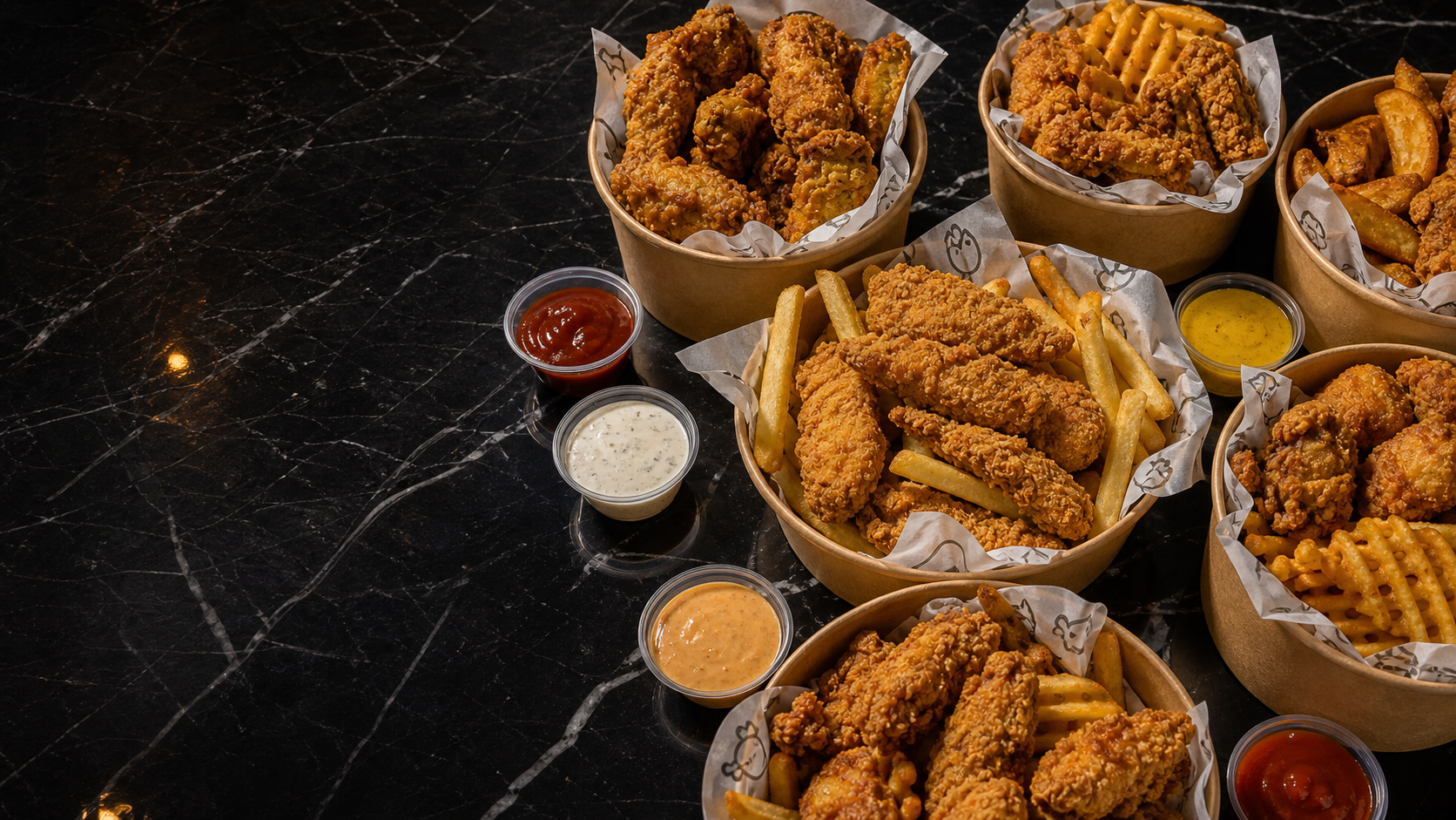 Buckets de pollo crujiente Pok Pok con papas y dips